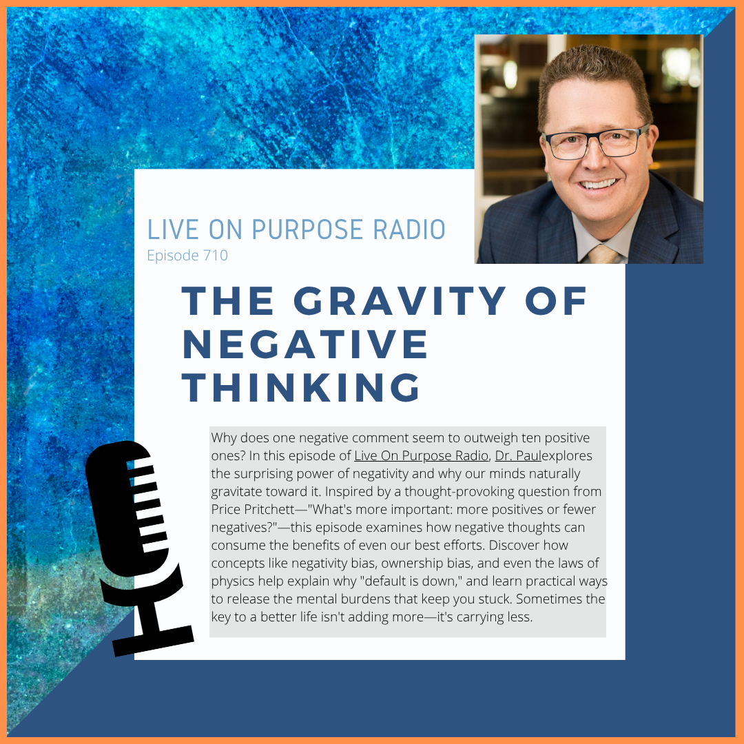 Podcast thumbnail for Live On Purpose Radio Episode 710 titled “The Gravity of Negative Thinking,” featuring Dr. Paul Jenkins and a message about negativity bias, mental burdens, and learning how to reduce negative thinking.